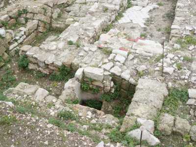 ...la seconda � tripartita da una doppia fila di sette pilastri. Ancora distinguibile � il rivestimento pavimentale costruito con tasselli calcarei quadrati
